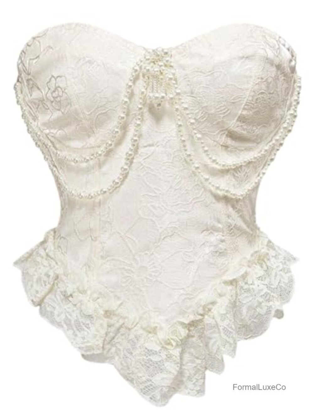 Women Strapless Corset Bustier Pearl Smocked Lace Crop Top Going Out
